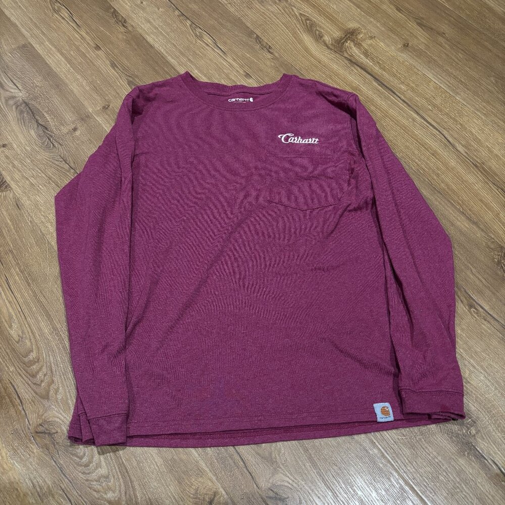 Carhartt Women's Long Sleeve, Loose Fit Heavyweight Magenta/Burgundy Chest Shirt